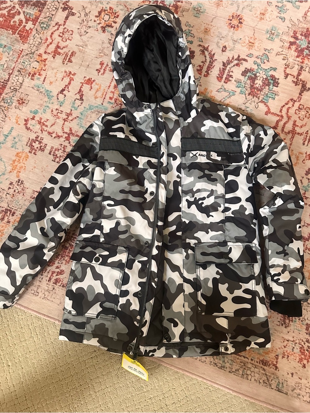 Kids Waterproof Hooded Camouflage Jacket - Gray Camo- ski coat